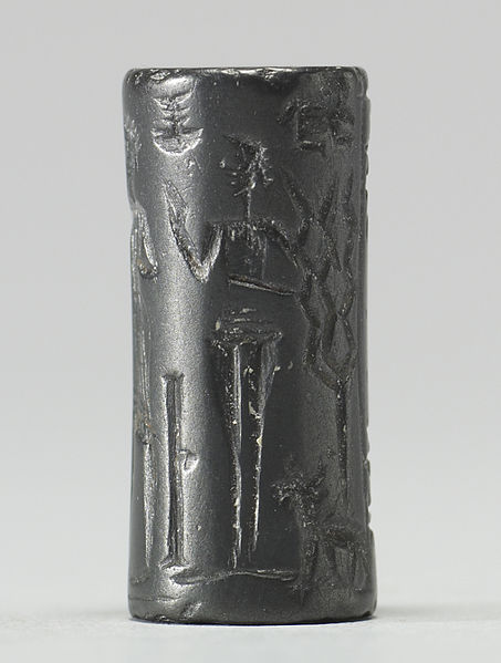 File:Babylonian - Cylinder Seal with Three Standing Figures and Inscriptions - Walters 42692 - Side D.jpg