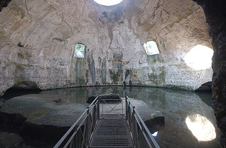 Ruins of the so-called "Temple of Mercury" in Baiae, a Roman frigidarium pool of a bathhouse built in the 1st century BC during the late Roman Republic,[5] containing the oldest surviving concrete dome,[6] and largest one before the Pantheon[7]