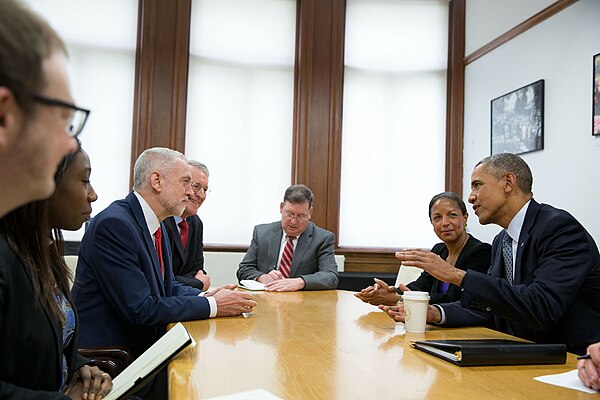 Benn and Jeremy Corbyn meet with President Barack Obama in April 2016.