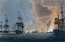 Battle of the Nile, Augt 1st 1798, Thomas Whitcombe, 1816, National Maritime Museum - the climax of the battle, as Orient explodes Battle of the Nile, Whitcombe.jpg