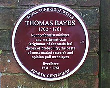 The text of the Thomas Bayes plaque on the gatepost
