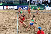 Deutsch: Beachhandball Europameisterschaften 2019 (Beach handball Euro); Tag 4: 5. Juli 2019 – Frauen, Viertelfinale, Kroatien-Ukraine 2:0 (21:20, 21:18) English: Beach handball Euro; Day 4: 5 July 2019 – Quarter Final Women – Croatia-Ukraine 2:0 (21:20, 21:18)