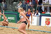 Deutsch: Beachhandball Europameisterschaften 2019 (Beach handball Euro); Tag 5: 6. Juli 2019 – Frauen, Halbfinale, Ungarn-Niederlande 2:0 (19:16, 15:12) English: Beach handball Euro; Day 5: 6 July 2019 – Semifinal Women – Hungary-Netherlands 2:0 (19:16, 15:12)