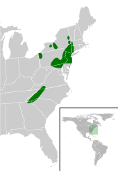 A map showing the bog turtle's sparse native areas of fourteen different U.S. states: Vermont, Massachusetts, Connecticut, New York, New Jersey, Pennsylvania, Ohio, Maryland, Delaware, Virginia, North Carolina, South Carolina, and Georgia.