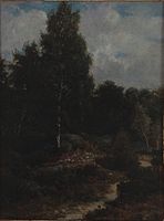 Forest near Fontainebleau label QS:Len,"Forest near Fontainebleau" label QS:Les,"Bosque de Fontainebleau" label QS:Lnl,"Bos bij Fontainebleau" . 1827–1867. oil on panel medium QS:P186,Q296955;P186,Q106857709,P518,Q861259 . 34 × 25.5 cm (13.3 × 10 in). Buenos Aires, Museo Nacional de Bellas Artes.