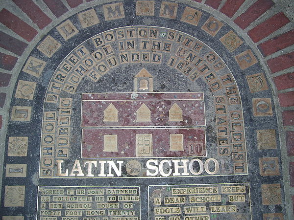 Plaque on School Street commemorating the site of the first Boston Latin School building