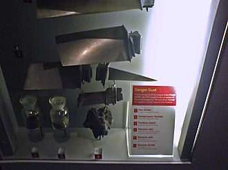 Damaged engine parts from BA 9 on display at Auckland Museum British-Airways-Flight-9 turbine and compressor blades.JPG