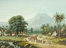 Lithogravure de 1876 montrant un village indonésien au pied du Salak.