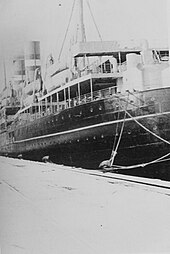 Volendam in Bremerhaven in February 1947 to embark Russian Mennonite emigrants to Paraguay Caption- Feb. 1, 1947. The Volendam, chartered by the M.C.C. to carry 2,307 Russian Mennonite Refugees to Paraguay from Holland (329), Berlin (907), and Munich (1071), as it was in dock at Bremerhaven (5573856859).jpg