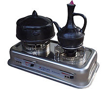 The two-burner Clean Cook is pictured with traditional, round-based, Ethiopian pots. The stove has been tested and modified to meet the needs of the local culture. Clean Cook with Ethiopian Cookware.jpg