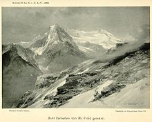 Gravure en noir et blanc de 1896 représentant la dent Parrachée vue depuis le mont Froid.