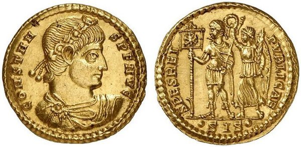 Solidus of Constans marked: constans p·f· augustus on the obverse, with the emperor holding a vexillum with a chi-rho and crowned by Victory on the reverse, marked: spes rei publicae ("the hope of the Republic")