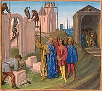 La construcción de Aquisgrán, miniatura de Jean Fouquet, en las Grandes Chroniques de France, del siglo XV. Carlomagno aparece en primer plano.