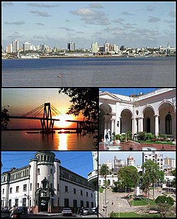 (Dall'alto in basso; da sinistra a destra) Skyline sul fiume Paraná;  Ponte Generale Belgrano;  cortile del Palazzo del Governo;  Palazzo San Martin e Piazza Cabral.