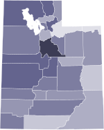 Percent Latter-day Saint by Utah county
Legend
70-74%
65-69%
60-64%
55-59%
50-54%
45-49%
40-44%
35-39% Counties of Utah by percentage of Latter-day Saint adherence.svg