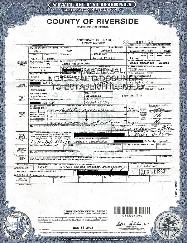 Death certificate of Simon Oakland