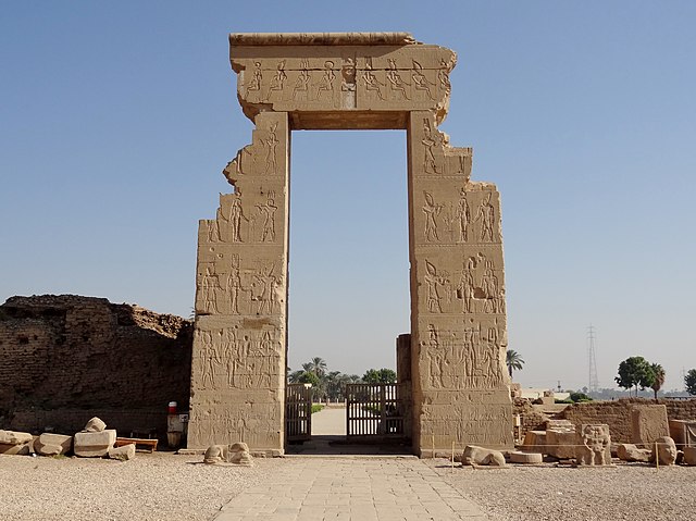 "Gate of Domitian and Trajan" northern entrance of the Temple of Hathor, in Dendera, Egypt.