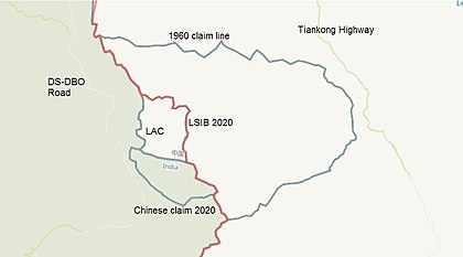 Differing perceptions in the Depsang Bulge area in northern Ladakh: the leftmost line indicating China's perception and the rightmost line India's perception. The middle green line represents the prevailing LAC as per the contributors to OpenStreetMap and the red line is that marked by the US Office of the Geographer. Depsang-Bulge-LSIB-2020.jpg