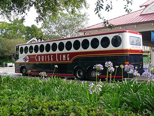 A Disney Cruise Line bus which takes guest to and from the terminal from Orlando International Airport; as well as around Walt Disney World.