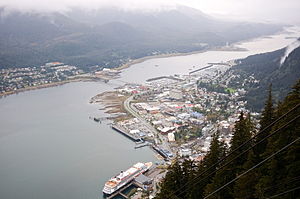 Aerial view of Downtown Juneau, the cruise ship port, and Douglas Island from the Mount Roberts Tramway.