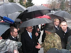Czech PM Bohuslav Sobotka (center) visiting the convoy in Prague on 31 March 2015 Dragoon Ride 2015 - Sobotka.JPG