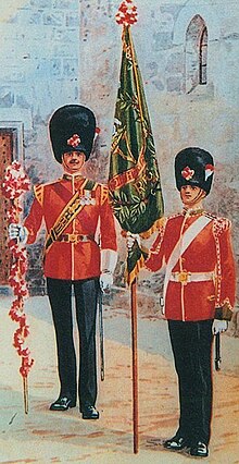 A sergeant drummer (drum major) and drummer of the Northumberland Fusiliers with the Drummer's Color. Drummer's colour.jpg