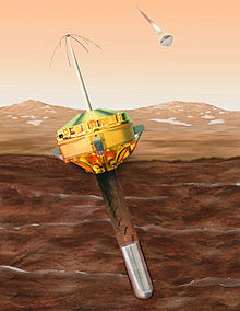 Dessin montant la sonde spatiale enfoncée dans le sol martien.