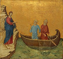 Duccio di Buoninsegna, Vocazione di Pietro e Andrea, tavola dalla predella della Maestà, 1308-1311, Washington, National Gallery of Art