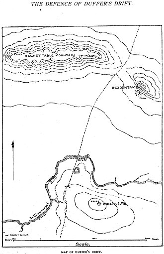 Map of Duffer's Drift, the Silliaasvogel River's only crossing. The defences are on the slopes of Waschout Hill to the south. Across the river to the north are Regret Table Mountain and the hillside farm of Incidentamba. Duffers Drift.JPG