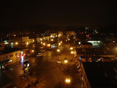 Downtown East Lansing at night, overlooking Albert Street