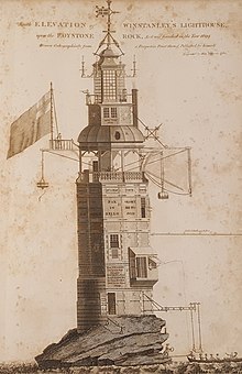 Original Winstanley lighthouse, Eddystone Rock, by Jaaziell Johnston, 1813. Edystone Winstanley lighthouse Smeaton 1813.jpg