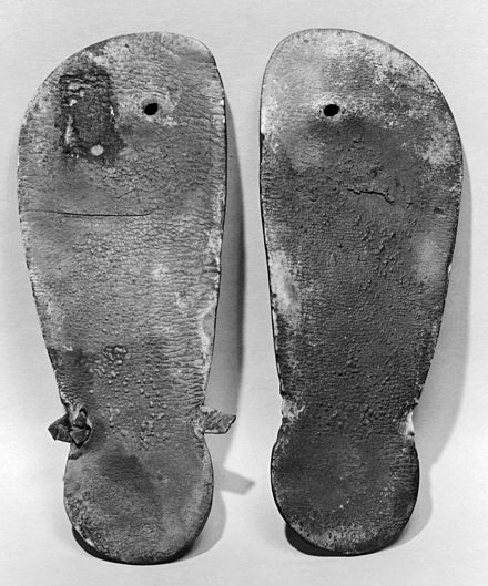 Pair of leather thong ancient sandals from the New Kingdom of Egypt (ca. 1550–1307 BC)