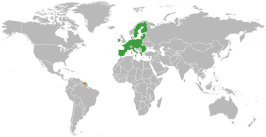 Kaart met daarop Suriname en Europese Unie