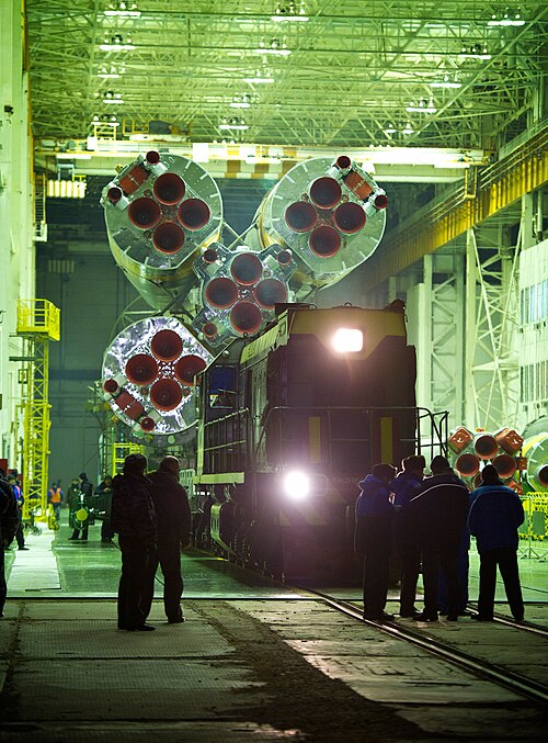 The Soyuz TMA-20 spacecraft is rolled out by train on its way to the launch pad at the Baikonur Cosmodrome in Kazakhstan.