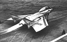 A VF-83 F7U-3 launches from the USS Intrepid in 1954 undergoing catapult testing during which its afterburners set deck planking ablaze F7U-3M Cutlass Launches from Intrepid CV11 1954.jpg