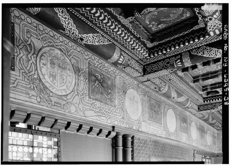 File:FIRST FLOOR, VETERANS (TIFFANY) ROOM, DETAIL SHOWING SECTION OF WALL FRIEZE DEPICTING STAGES OF WARFARE, AND ELABORATELY DECORATED CEILING - Seventh Regiment Armory, 643 Park HABS NY,31-NEYO,121-28.tif