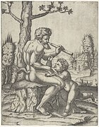 Faune à la flûte avec un enfant, Marcantonio Raimondi (1507-11)