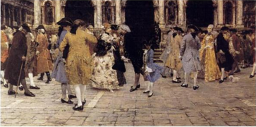 149 The walk in St.Mark Place, during 18th century Venice label QS:Len,"The walk in St.Mark Place, during 18th century Venice" 1884