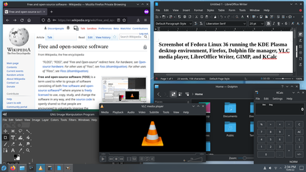 A screenshot of free and open-source software (FOSS): Fedora Linux 36 running the KDE Plasma 5 desktop environment, Firefox, Dolphin file manager, VLC media player, LibreOffice Writer, GIMP, and KCalc