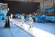 Deutsch: Fechten bei den Olympischen Jugend-Sommerspielen 2018: Tag 1, 7. Oktober 2018, Jungen, Säbel, Viertelfinale - Samuel Jarry (FRA) - Mazen Elaraby (EGY) 14:15 English: Fencing at the 2018 Summer Youth Olympics at 7 October 2018 – Boys' sabre Quarterfinals – Samuel Jarry (FRA) Vs Mazen Elaraby (EGY) 14:15