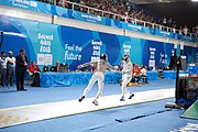 Deutsch: Fechten bei den Olympischen Jugend-Sommerspielen 2018: Tag 1, 7. Oktober 2018, Jungen, Säbel, Viertelfinale - Krisztián Rabb (HUN) - Antonio Heathcock (GER) 15:11 English: Fencing at the 2018 Summer Youth Olympics at 7 October 2018 – Boys' sabre Quarterfinals – Krisztián Rabb (HUN) Vs Antonio Heathcock (GER) 15:11