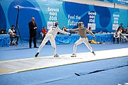 Deutsch: Fechten bei den Olympischen Jugend-Sommerspielen 2018: Tag 1, 7. Oktober 2018, Jungen, Säbel, Runde der letzten 16 - Ali Al-Bahrani (KSA) Vs Antonio Heathcock (GER) 9:15 English: Fencing at the 2018 Summer Youth Olympics at 7 October 2018 – Boys' sabre Round of 16 – Ali Al-Bahrani (KSA) Vs Antonio Heathcock (GER) 9:15