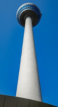 The Fernmeldeturm Mannheim (telecommunication tower) with revolving restaurant from below