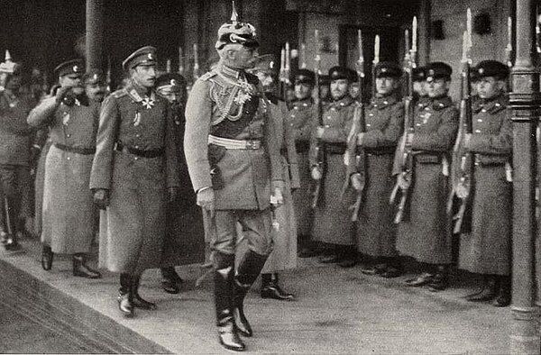 Crown Prince Boris (2nd from right) and German field marshal Von Mackensen reviewing a Bulgarian regiment accompanied by the Commander in Chief Genera