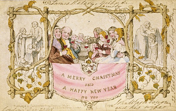 The world's first commercially produced Christmas card, designed by John Callcott Horsley for Henry Cole in 1843