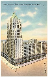 A 1930s postcard depicting the Fisher Building Fisher Building, West Grand Boulevard, Detroit, Mich (65799).jpg