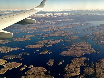 Air transport gives a different perspective on this rugged land. Stord-Fitjar archipelago south of Bergen.