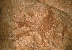 Image 4Petroglyph depicting two dogs hunting – Tassili n'Ajjer, Algeria (from Domestication of the dog)
