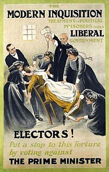 A 1910 poster by Alfred Pearce for the WSPU showing a suffragette being force-fed Force-feeding poster (suffragettes).jpg