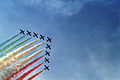 Závěr vystoupení italské akrobatické skupiny Frecce Tricolori, létající na cvičných letounech typu Aermacchi MB-339. Září 2000.